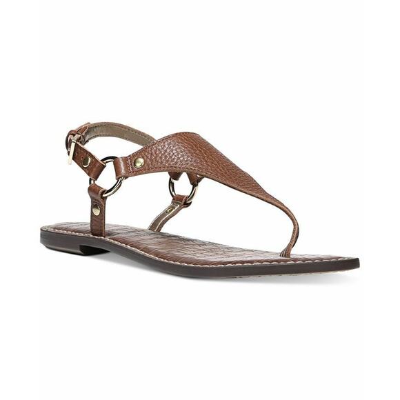 Sam Edelman Greta Leather T-Strap Flat Sandal Thong Ankle Strap Brown 8 - Picture 1 of 7